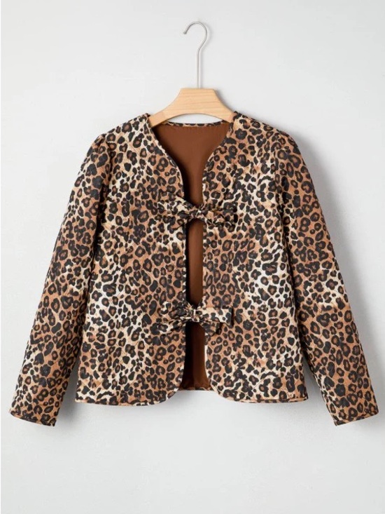 She she boutique Jackets & Blazers - NEW Boutique Quilted Leopard Print Tie-Front Jacket Medium Brown Tan Trendy Bows